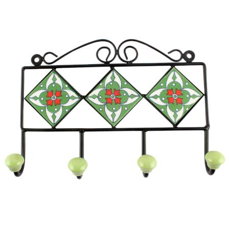 Ceramic Floral Tile Hook in Forest Green